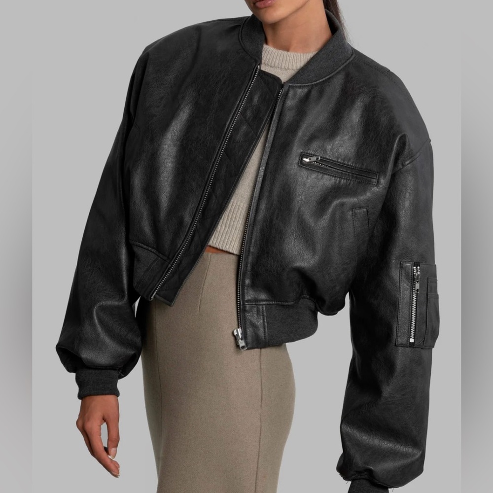 The Frankie Shop - GAE FAUX LEATHER CROPPED BOMBER - CHARCOAL SZ Small